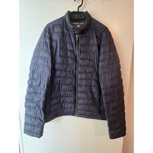 Michael Kors Navy Blue Lightweight Down Puffer Jacket Women Large MK Logo Puffer